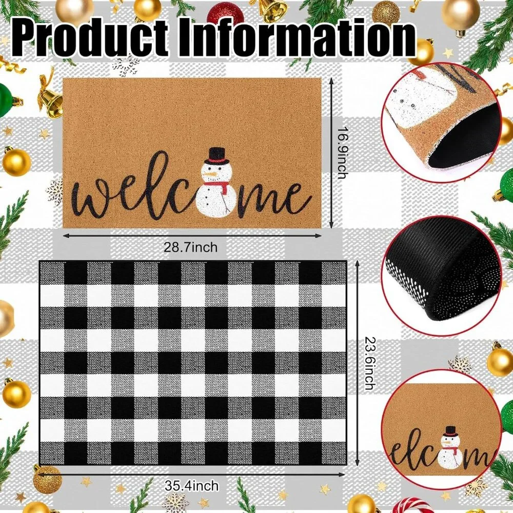 Elegant 2-Piece Doormat Set: Snowman and Buffalo Plaid - Indoor/Outdoor Charm